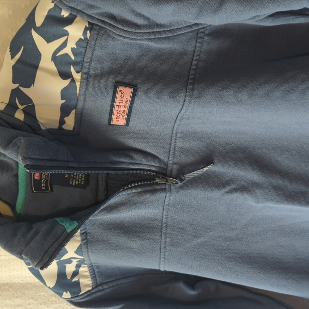 Vineyard Vines Blue and White Pullover Quarter Zip Shark Print Youth M - Picture 3 of 5